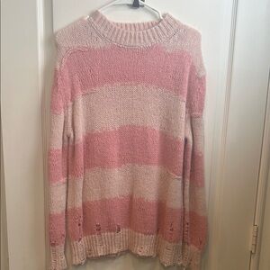 Oversized Pink and Cream Striped And Ripped Women's Sweater